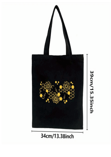 Bees, Honeycomb and Sunflowers on Black Tote Bag