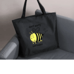 Don't Worry Bee Happy Black Tote Bag with Zipper Closure